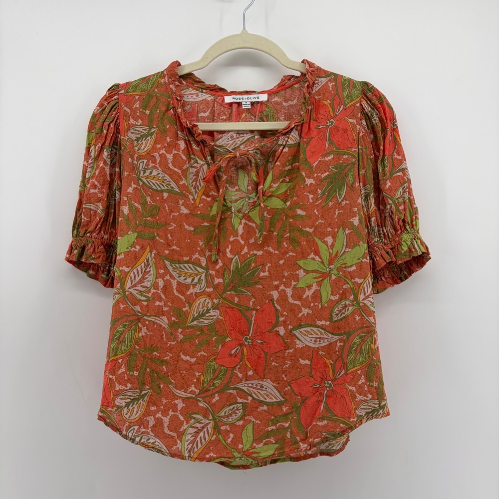 Rose + Olive Womens Small Orange Floral Blouse Ruffle Tie Neck Puff Sleeve Top